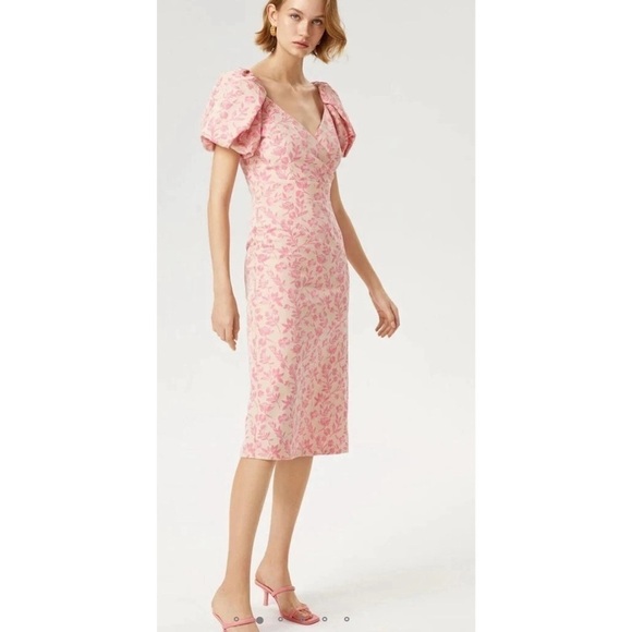 Exquise Pink Foral Puff Shoulder Midi Dress - Picture 1 of 7